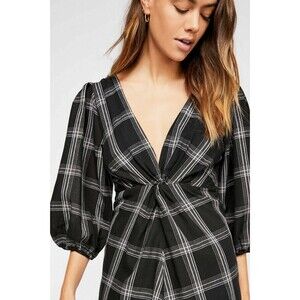Free People Miss Molly Mini Dress Size 2 Balloon Sleeve Plaid Black Gray EUC B60